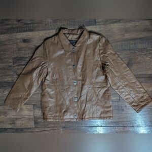 QVC Dialogue Camel Brown 100% Leather Jacket Stitching Toggles Lined Sz Med NWT